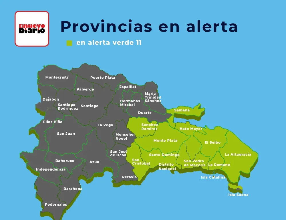 COE eleva a alerta verde a 10 provincias y el Distrito Nacional por lluvias asociadas a onda tropical